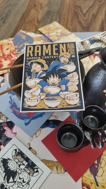 Affiche Crossover – Naruto, Luffy & Goku au concours de ramen – Impression 3D
