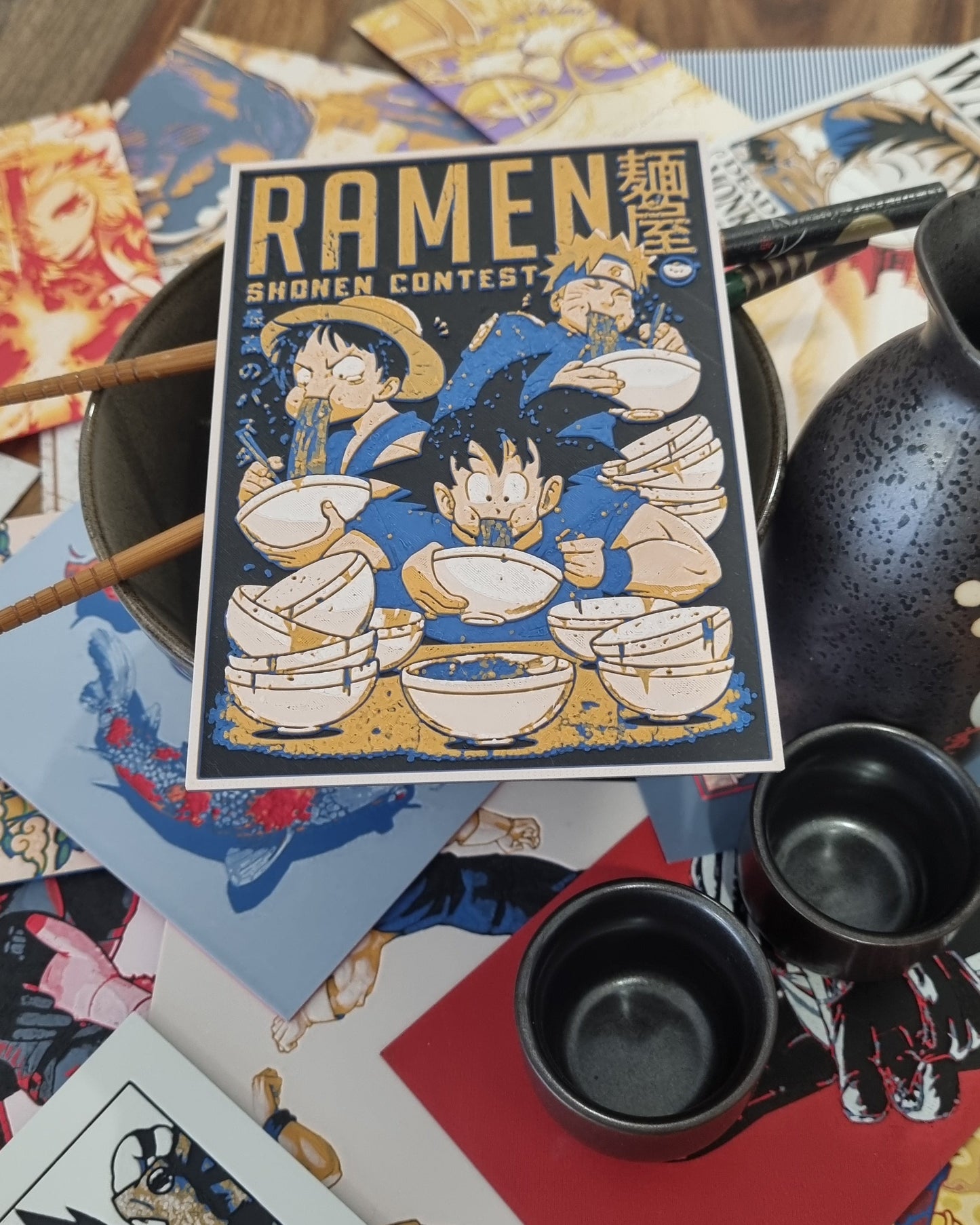 Concours de Ramens – Naruto x Goku x Luffy – Affiche Crossover Manga - Impression 3D