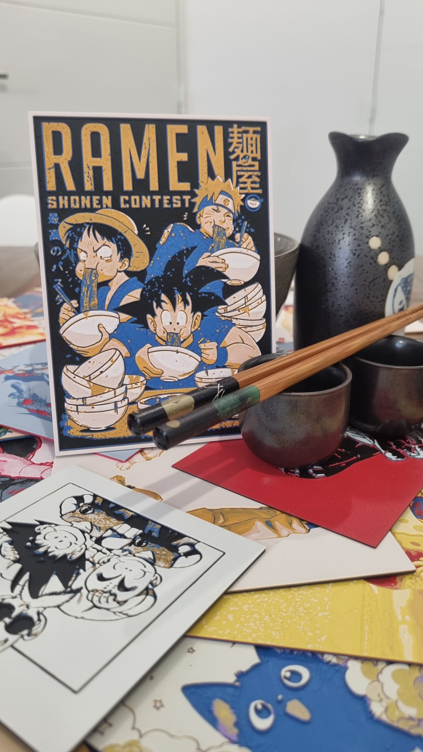 Affiche Crossover – Naruto, Luffy & Goku au concours de ramen – Impression 3D